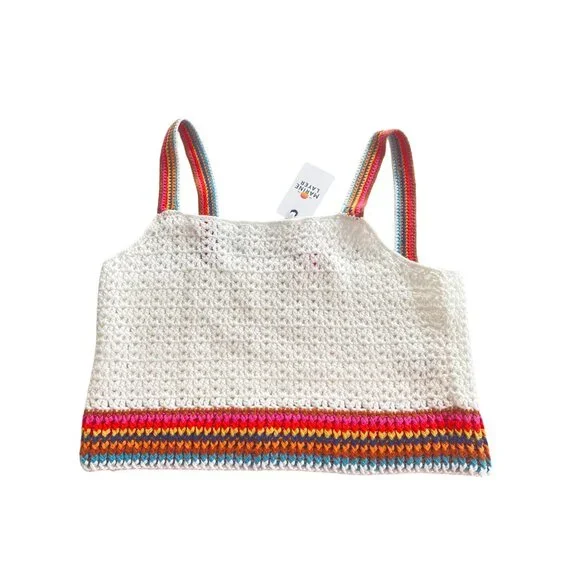 NWT Marine Layer $118 Crochet Crop Top W's XS Caro Tank White Rainbow Trim - Picture 4 of 16